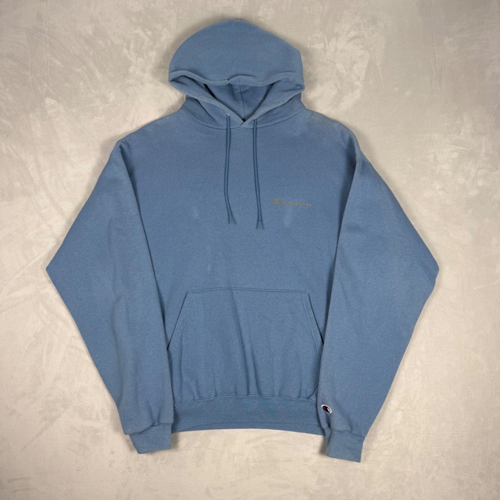 90s Mens Champion Embroidered Script Logo Pullover Hoodie Slate Blue Large